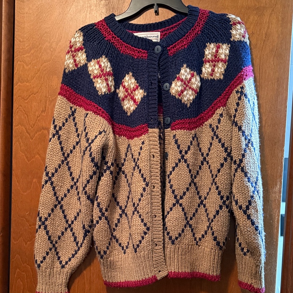 Westbound Navy and Tan Argyle Cardigan vintage